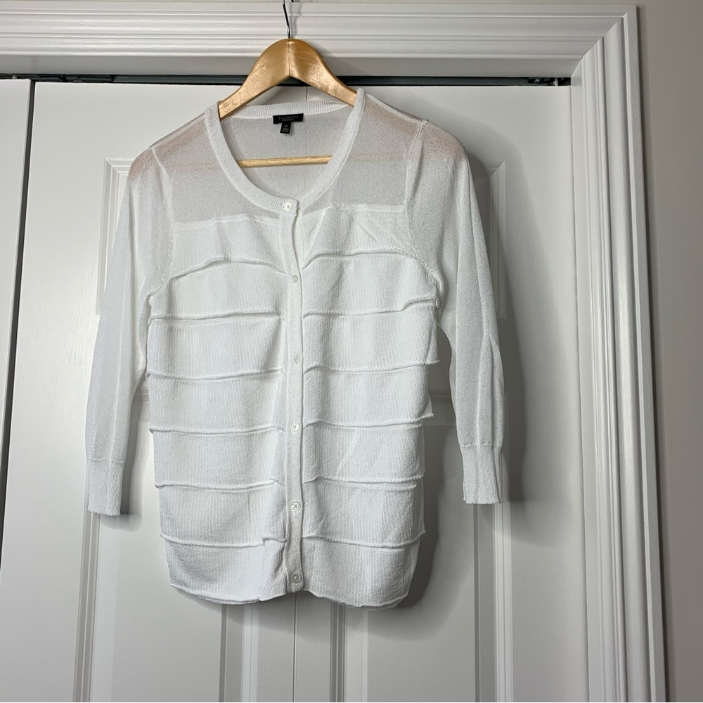 Talbots Winter White Delicate Knit Button-Up Cardigan Ruffle Women’s Size US M